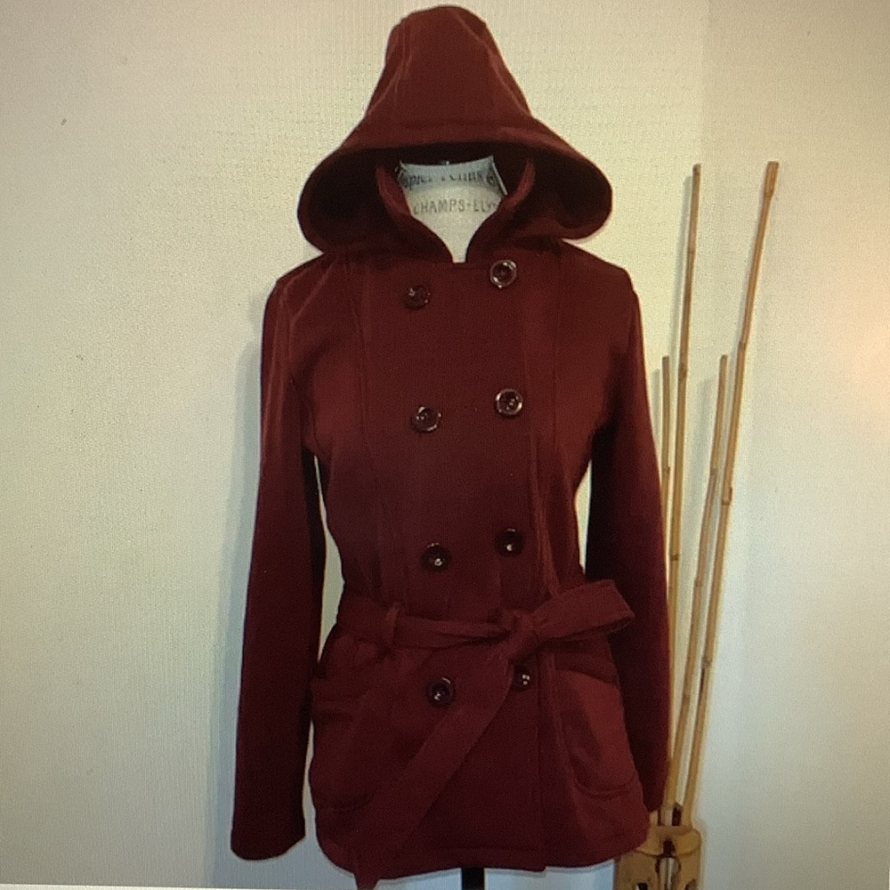 Maroon Fleece Pea Coat / Hooded Jacket - Belted - Large Button Detail - Pockets